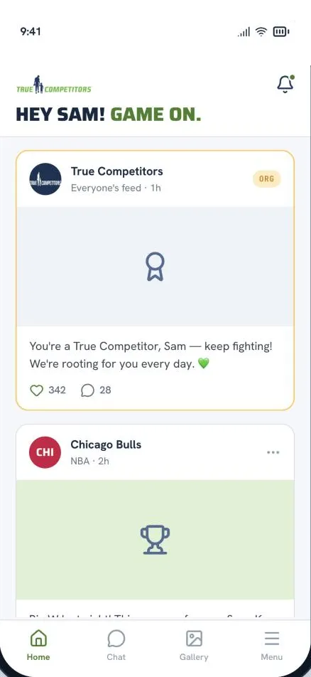 The True Competitors app home screen: a newsfeed greeting the child by name, with posts from True Competitors and the Chicago Bulls