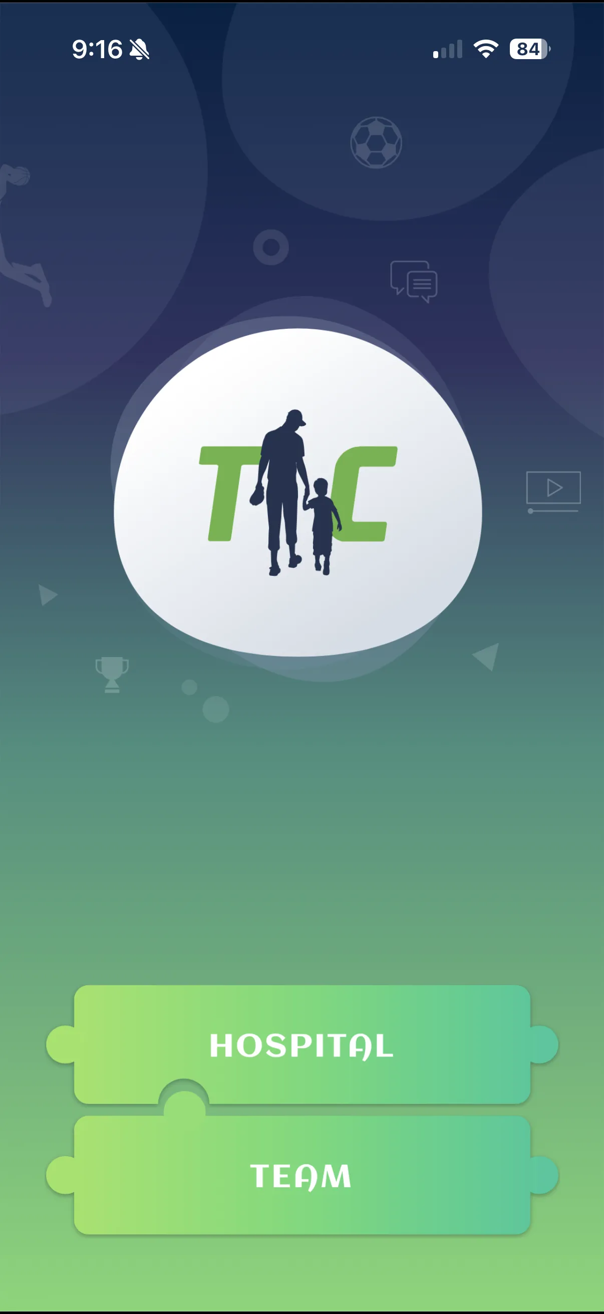 The True Competitors mobile app home screen, with Hospital and Team options